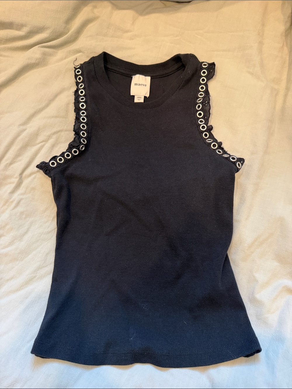 Anthropologie Navy Ribbed Tank with Eyelet Trim